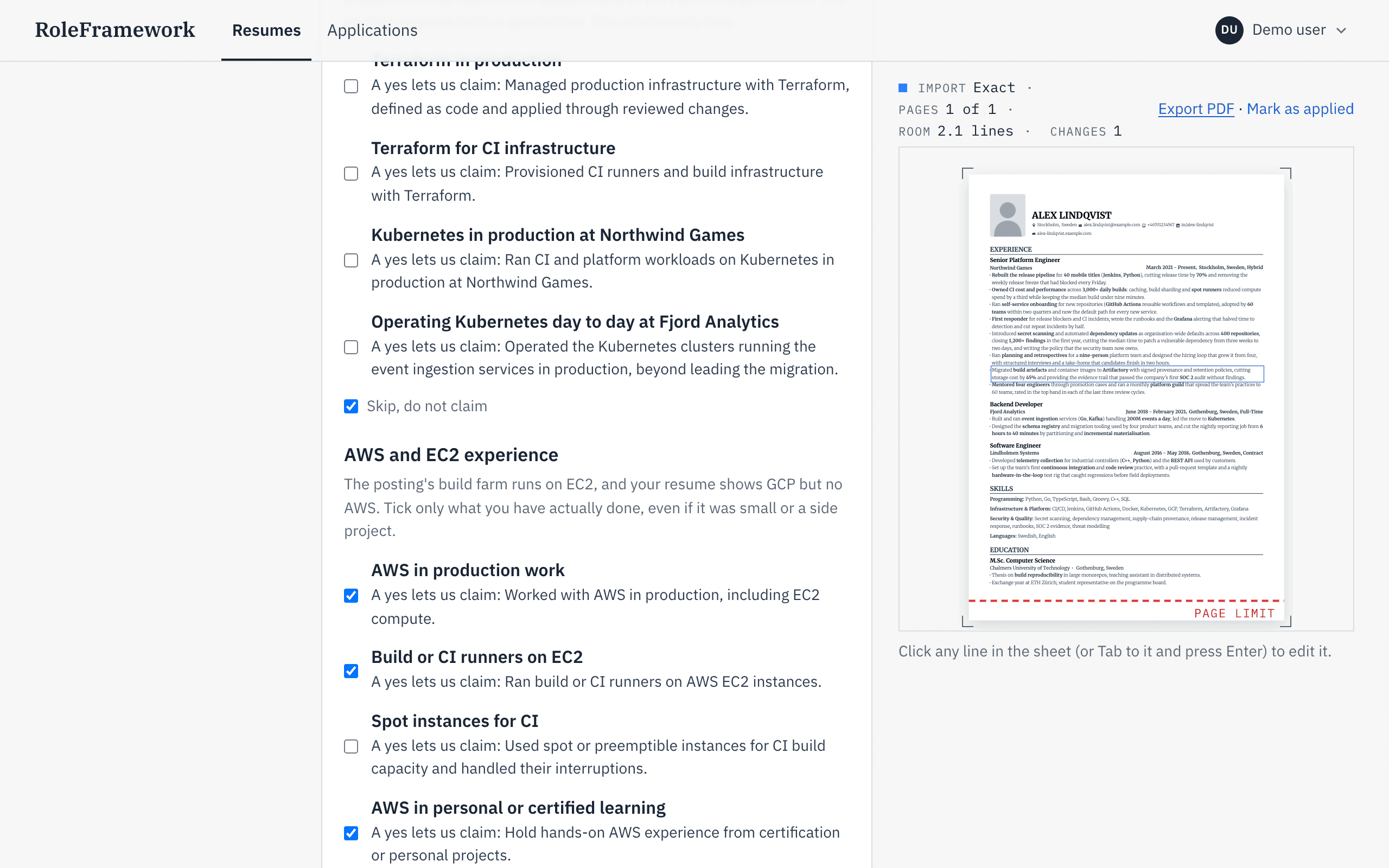 Question cards during tailoring. One asks about AWS and EC2 experience, says why it asks, and lists statements a yes would let the draft claim, each with a checkbox; on the card above, “Skip, do not claim” is ticked.